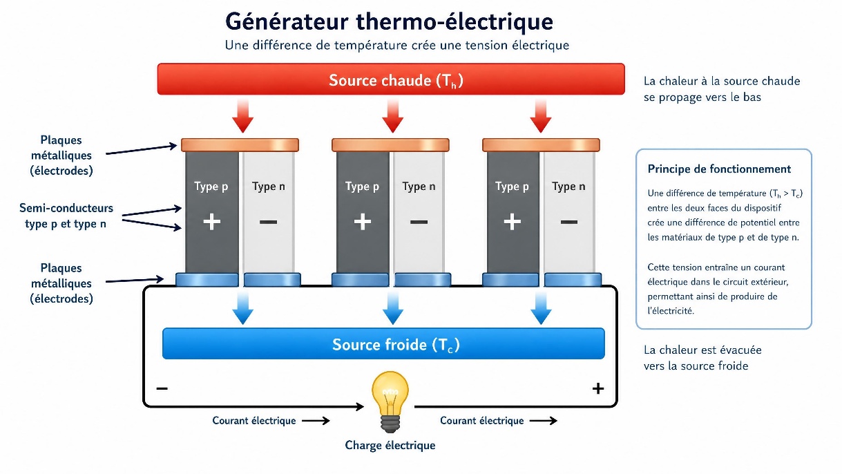 Schéma d'un générateur thermoélectrique : source chaude, jambes de type p et n, source froide